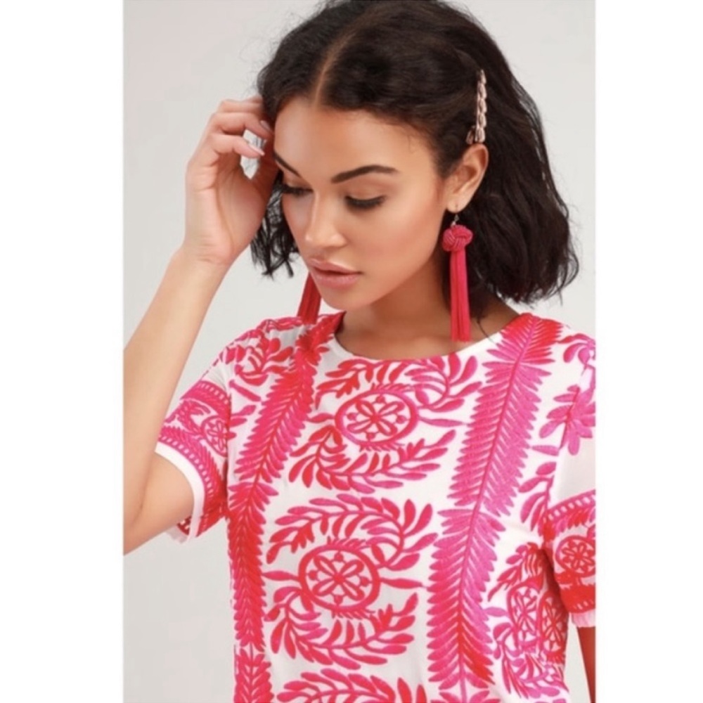 Lulu's Fond of You Hot Pink Embroidered Short Sleeve Shift Dress Sz XS - Picture 3 of 12